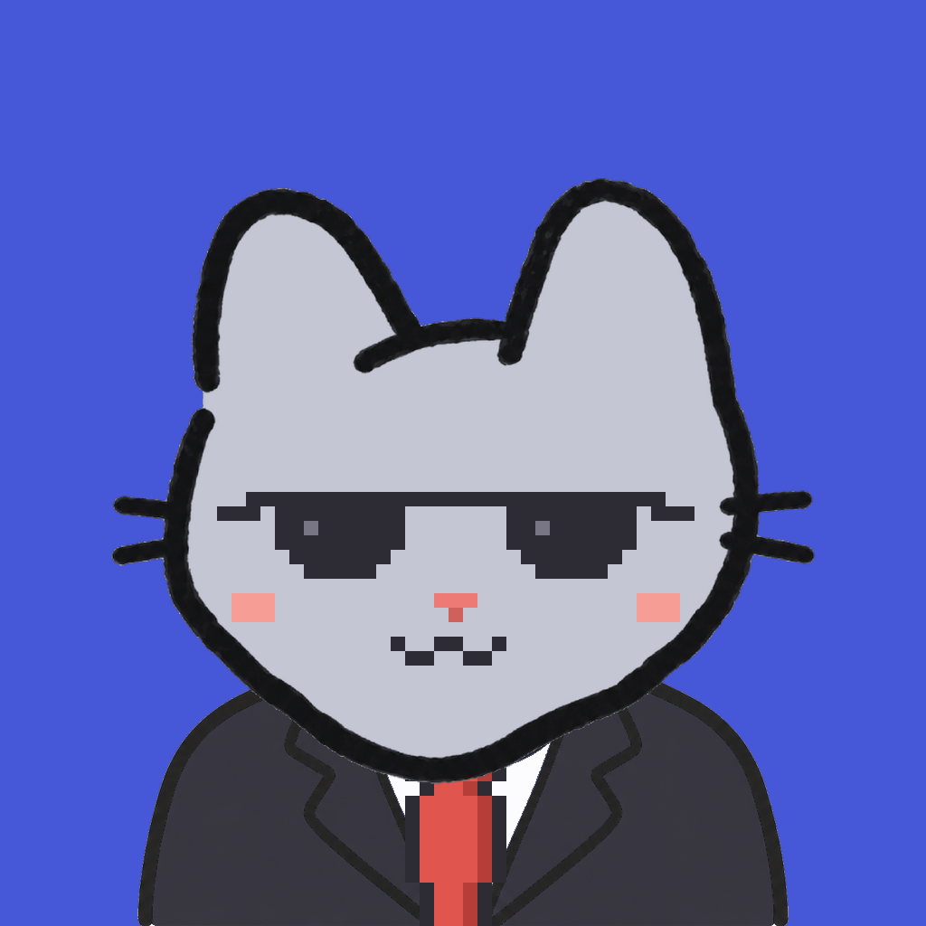 Employee #3027 — a gray cat, in a black suit, with a red tie, wearing shades glasses, on royal