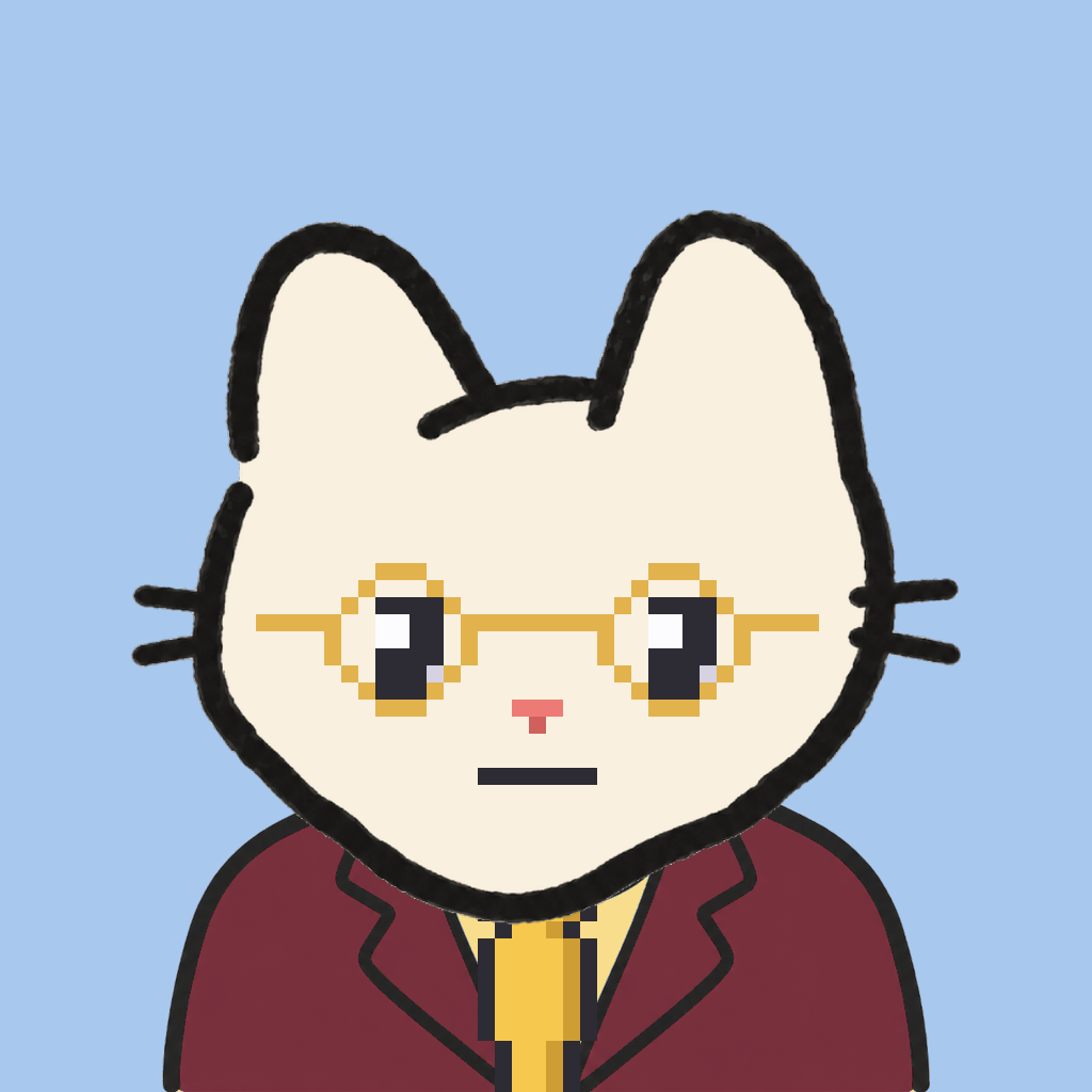 Employee #3028 — a cream cat, in a burgundy suit, with a gold tie, wearing round-gold glasses, on sky