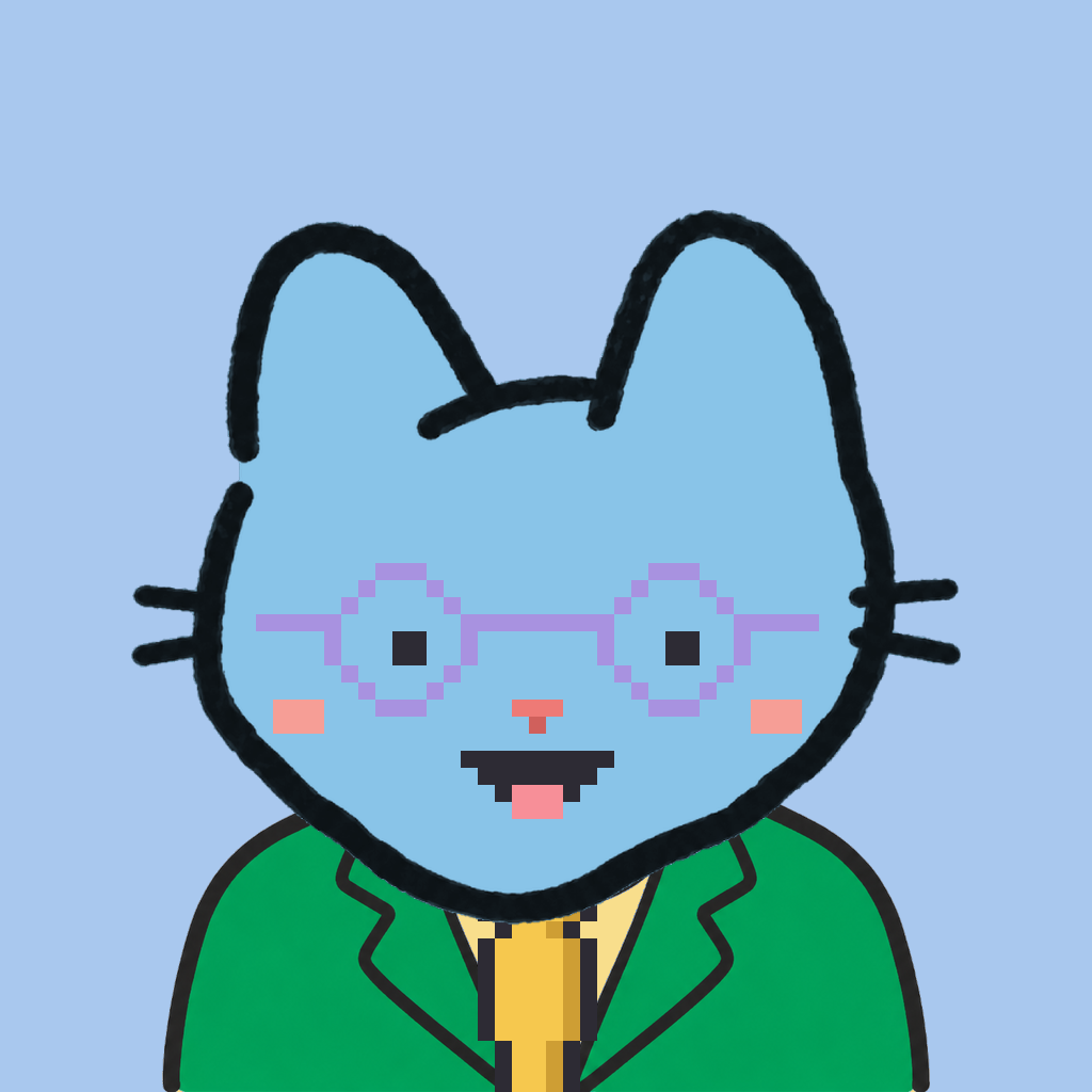 Employee #3029 — a sky cat, in a green suit, with a gold tie, wearing round-lavender glasses, on sky