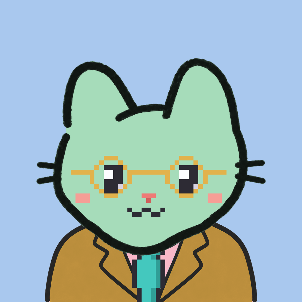 Employee #0303 — a mint cat, in a mustard suit, with a teal tie, wearing round-gold glasses, on sky