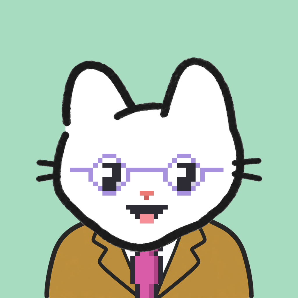 Employee #3030 — a white cat, in a mustard suit, with a magenta tie, wearing round-lavender glasses, on mint