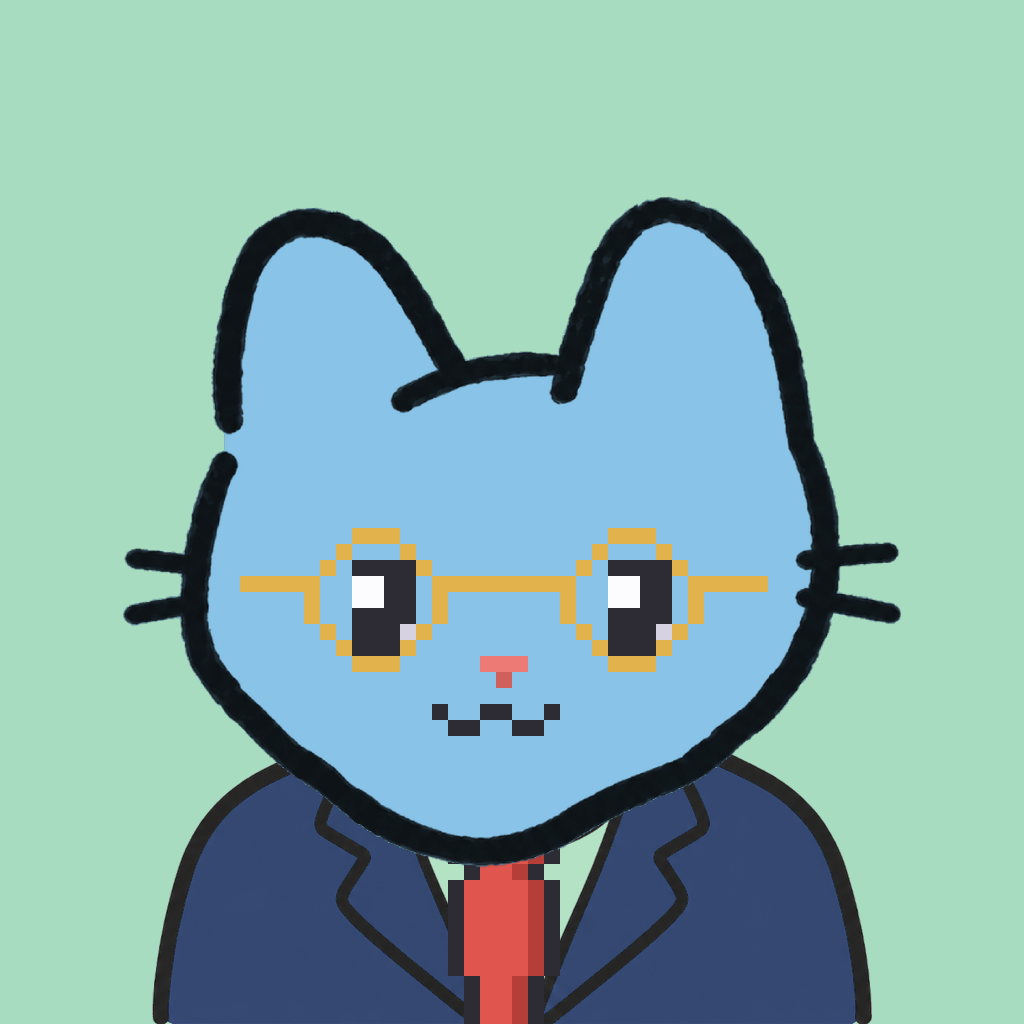 Employee #3031 — a sky cat, in a navy suit, with a red tie, wearing round-gold glasses, on mint