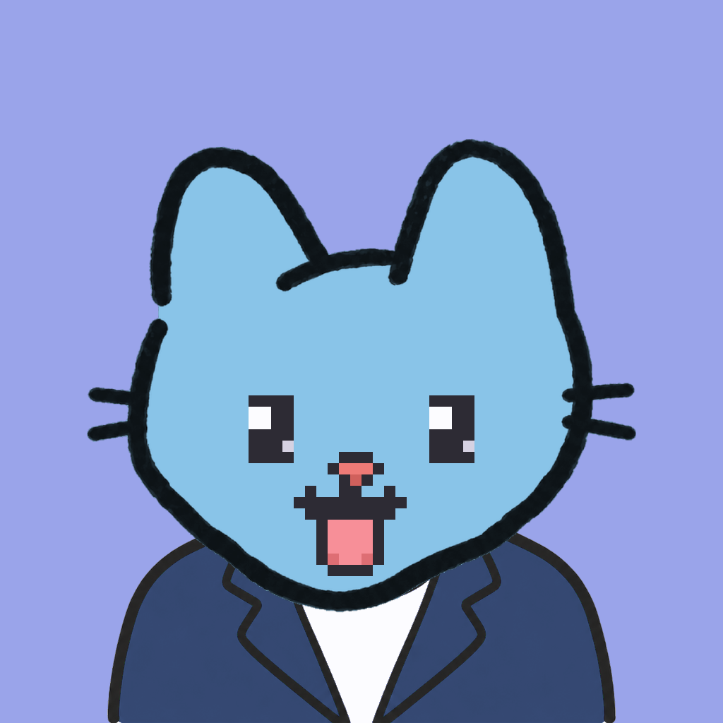 Employee #3032 — a sky cat, in a navy suit, on periwinkle