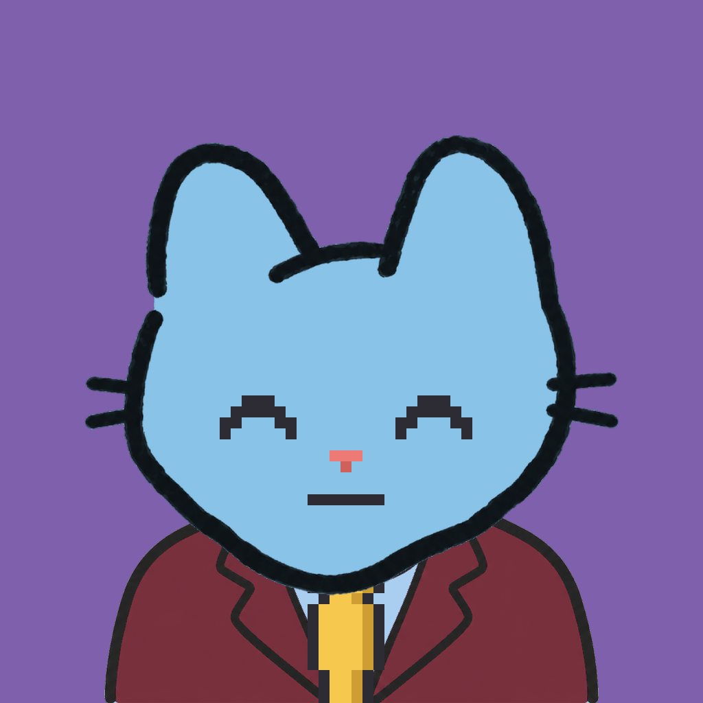 Employee #3033 — a sky cat, in a burgundy suit, with a gold tie, on plasma violet