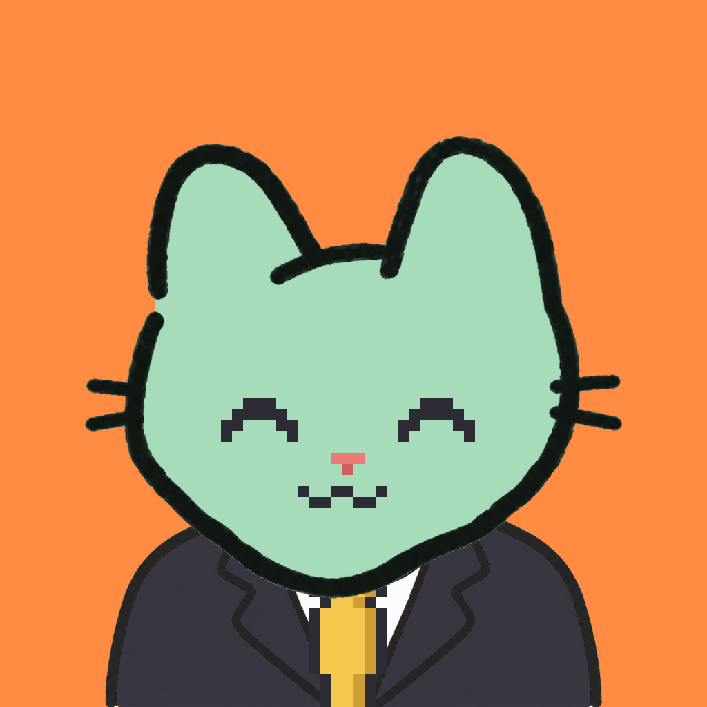 Employee #3034 — a mint cat, in a black suit, with a gold tie, on tangerine