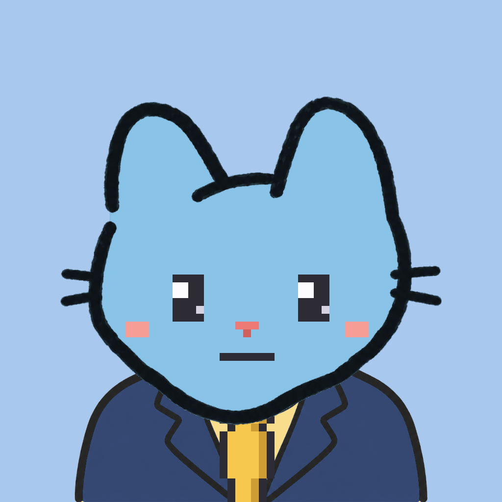 Employee #3035 — a sky cat, in a navy suit, with a gold tie, on sky