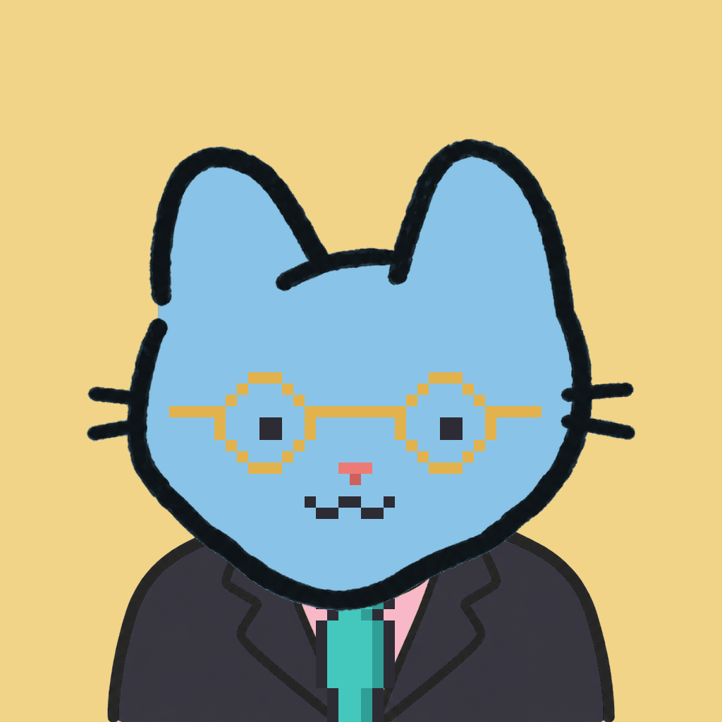 Employee #3036 — a sky cat, in a black suit, with a teal tie, wearing round-gold glasses, on butter