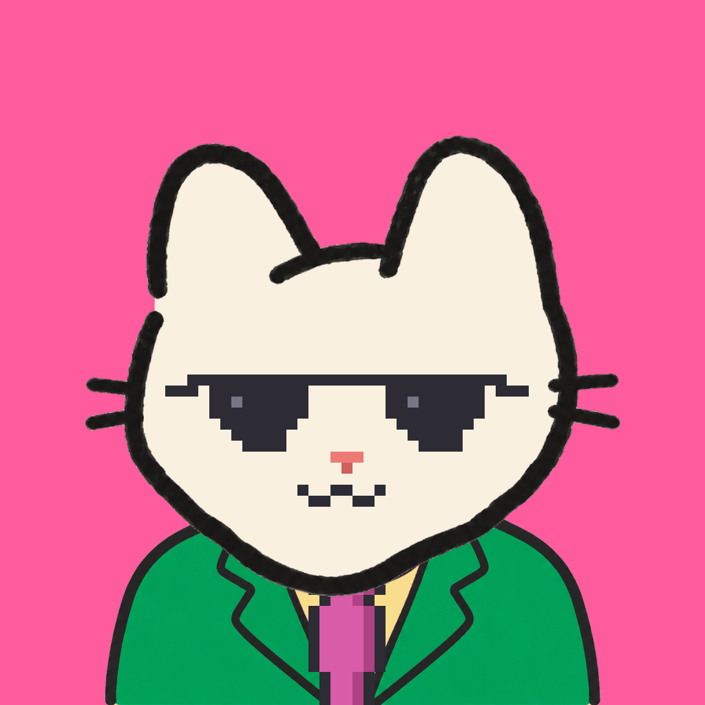 Employee #3037 — a cream cat, in a green suit, with a magenta tie, wearing shades glasses, on hot pink