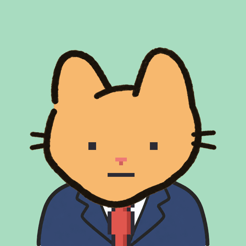 Employee #3038 — a tabby cat, in a navy suit, with a red tie, on mint