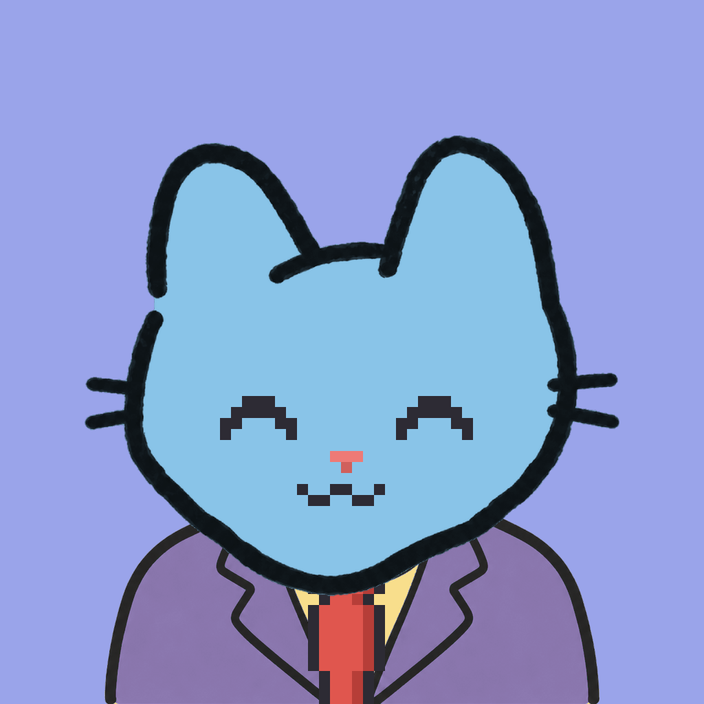 Employee #3039 — a sky cat, in a lavender suit, with a red tie, on periwinkle