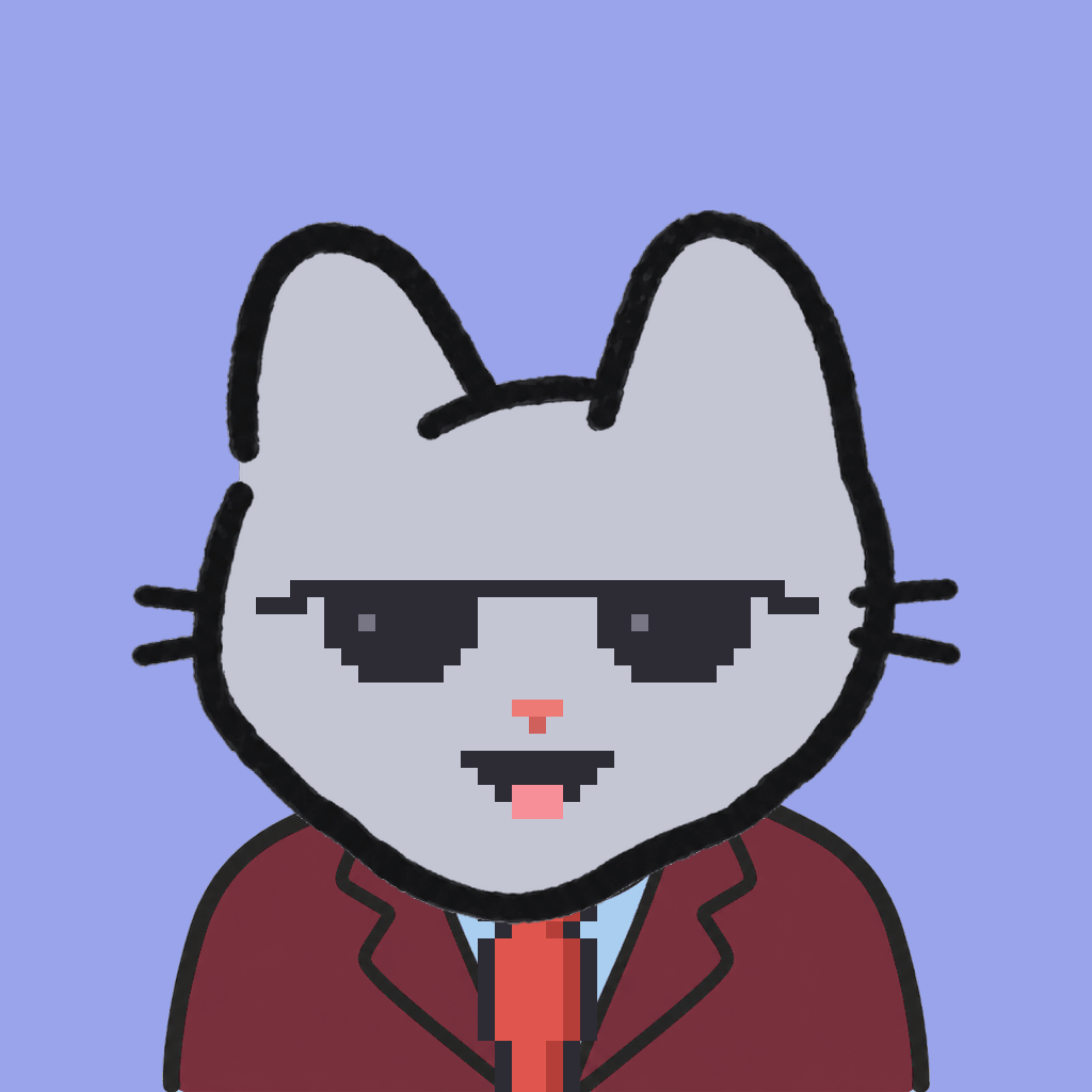 Employee #0304 — a gray cat, in a burgundy suit, with a red tie, wearing shades glasses, on periwinkle