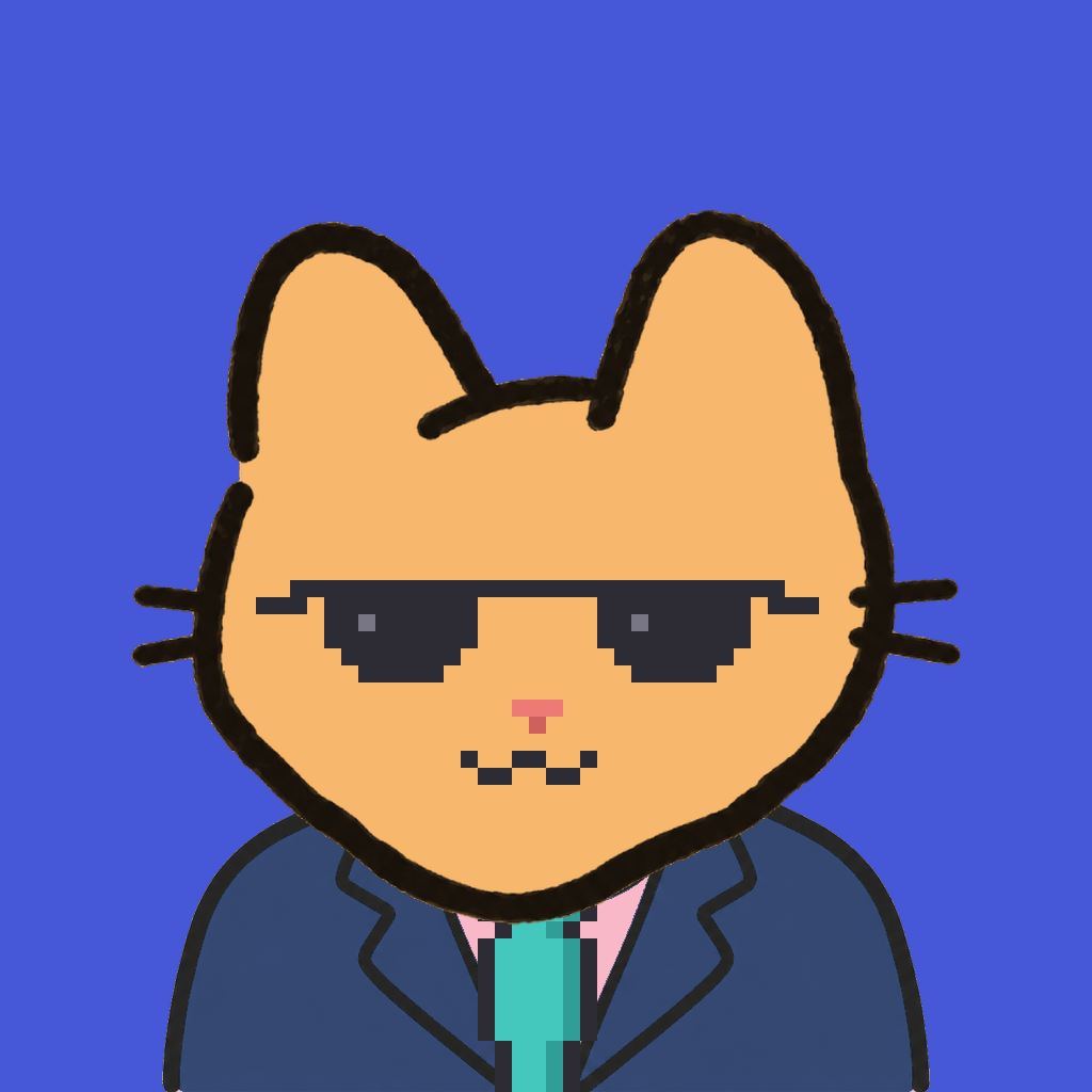 Employee #3040 — a tabby cat, in a navy suit, with a teal tie, wearing shades glasses, on royal