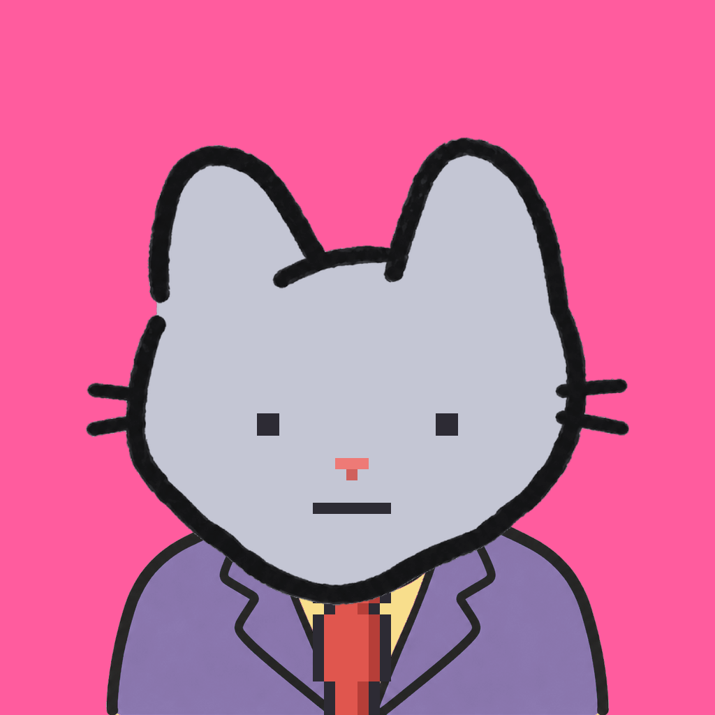 Employee #3041 — a gray cat, in a lavender suit, with a red tie, on hot pink