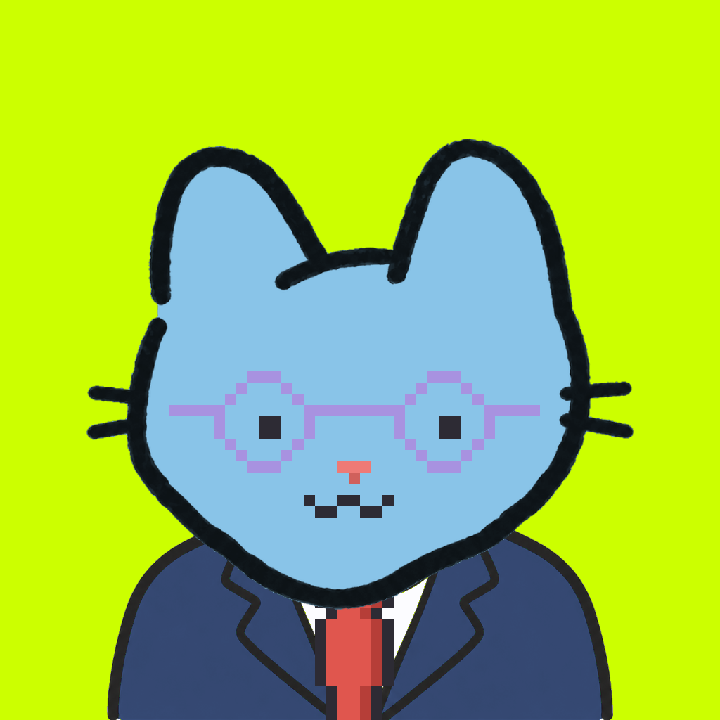 Employee #3042 — a sky cat, in a navy suit, with a red tie, wearing round-lavender glasses, on volt