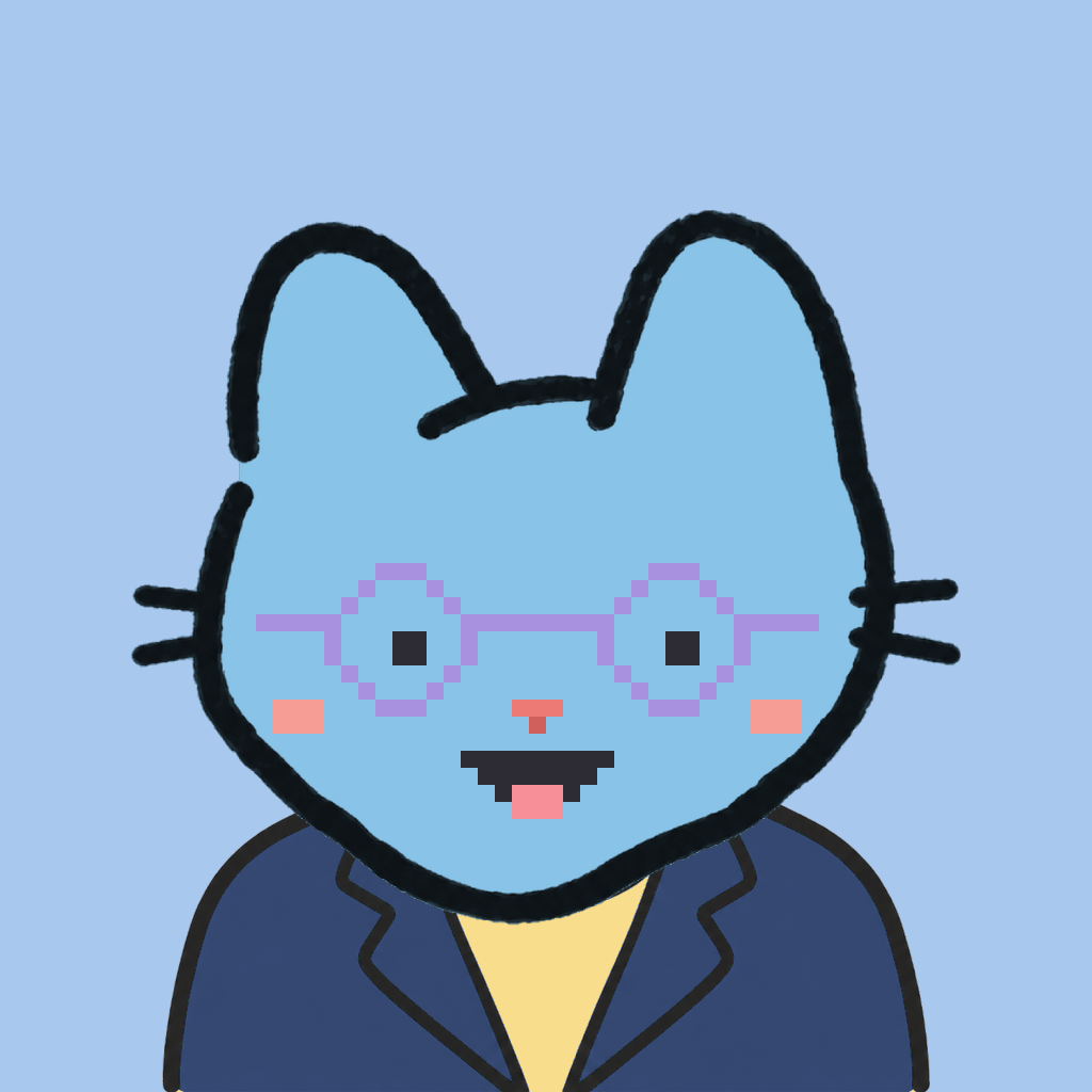 Employee #3043 — a sky cat, in a navy suit, wearing round-lavender glasses, on sky