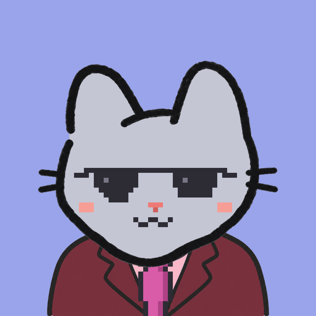 Employee #3044 — a gray cat, in a burgundy suit, with a magenta tie, wearing shades glasses, on periwinkle