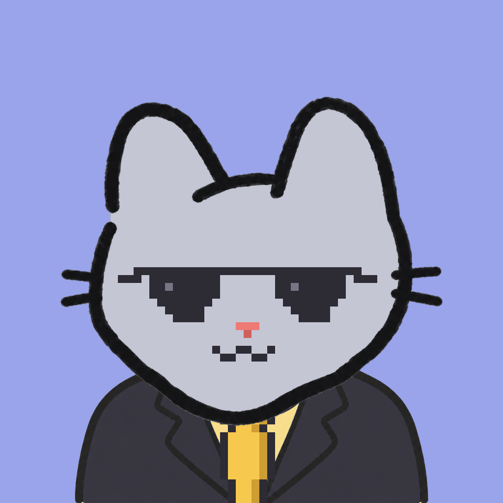 Employee #3045 — a gray cat, in a black suit, with a gold tie, wearing shades glasses, on periwinkle