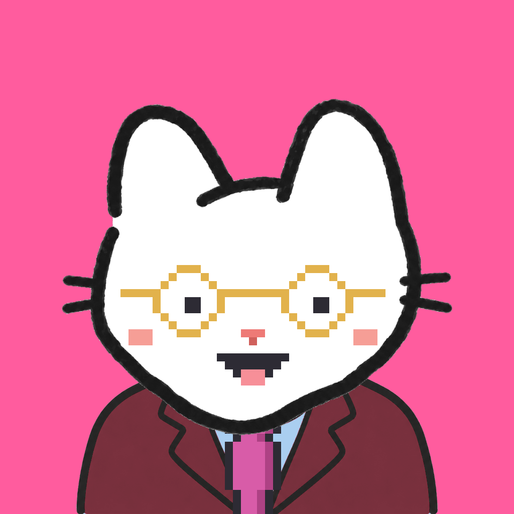 Employee #3046 — a white cat, in a burgundy suit, with a magenta tie, wearing round-gold glasses, on hot pink