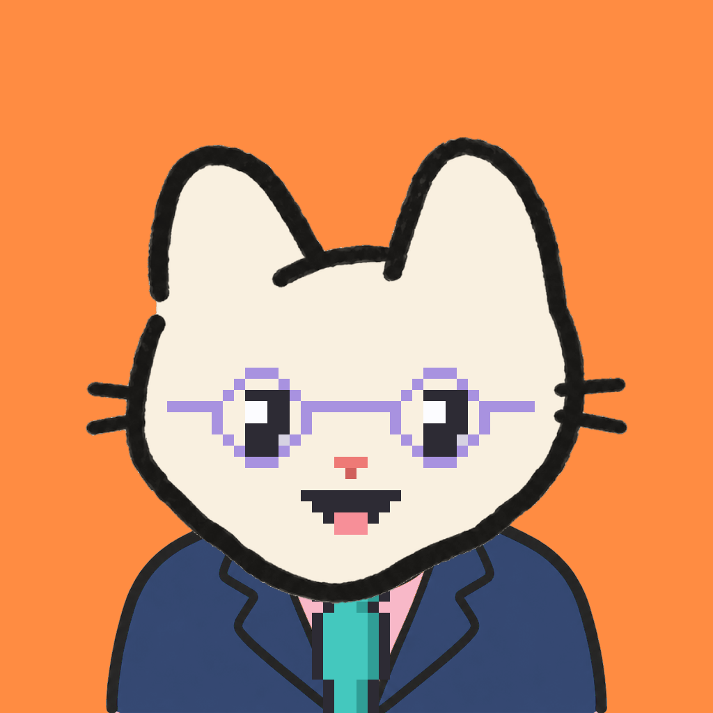 Employee #3047 — a cream cat, in a navy suit, with a teal tie, wearing round-lavender glasses, on tangerine