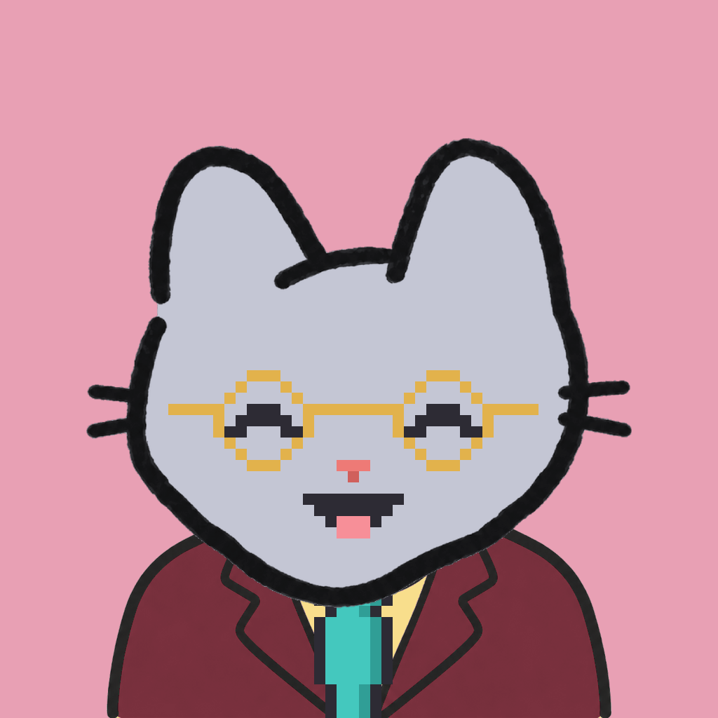 Employee #3048 — a gray cat, in a burgundy suit, with a teal tie, wearing round-gold glasses, on rose