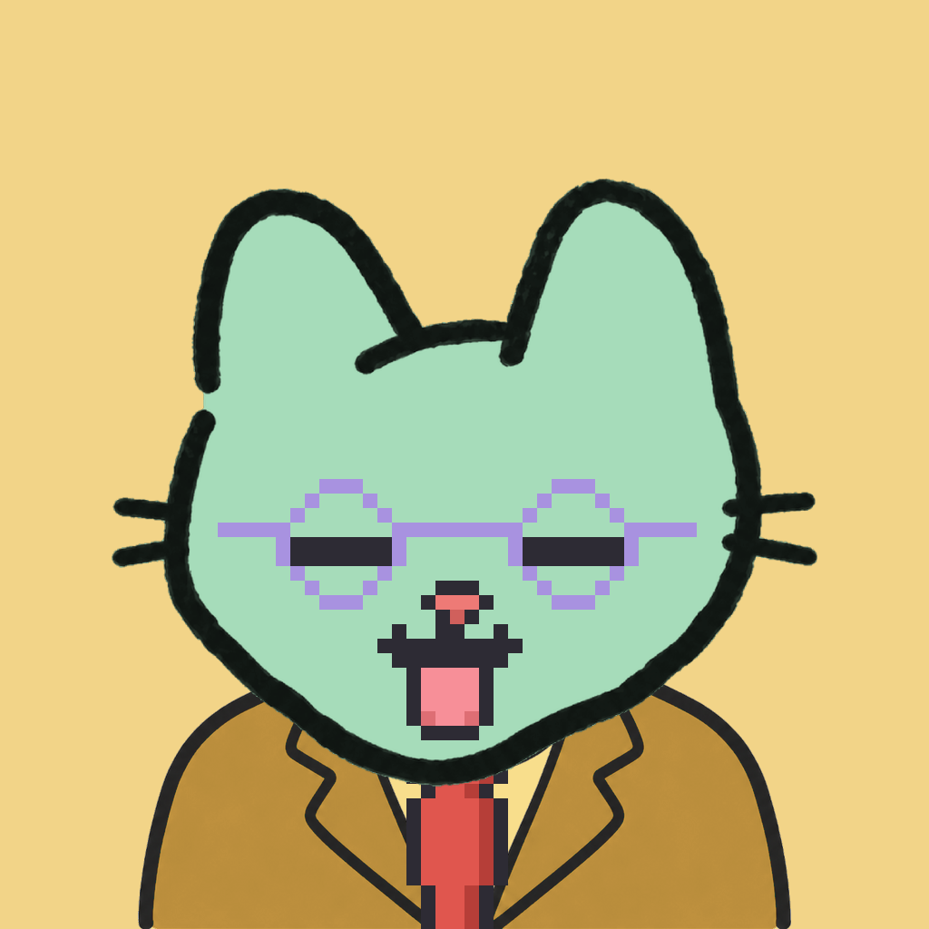 Employee #3049 — a mint cat, in a mustard suit, with a red tie, wearing round-lavender glasses, on butter
