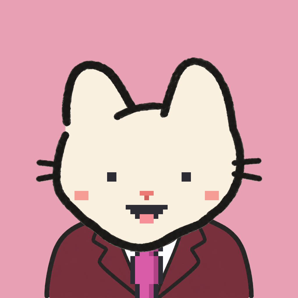 Employee #0305 — a cream cat, in a burgundy suit, with a magenta tie, on rose