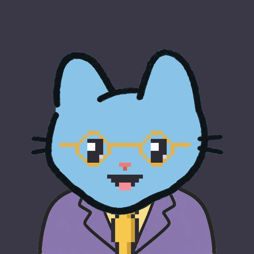 Employee #3050 — a sky cat, in a lavender suit, with a gold tie, wearing round-gold glasses, on charcoal