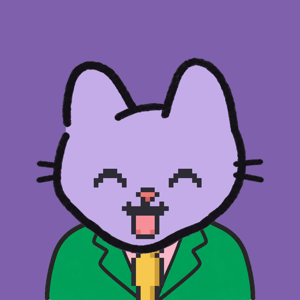 Employee #3051 — a lavender cat, in a green suit, with a gold tie, on plasma violet