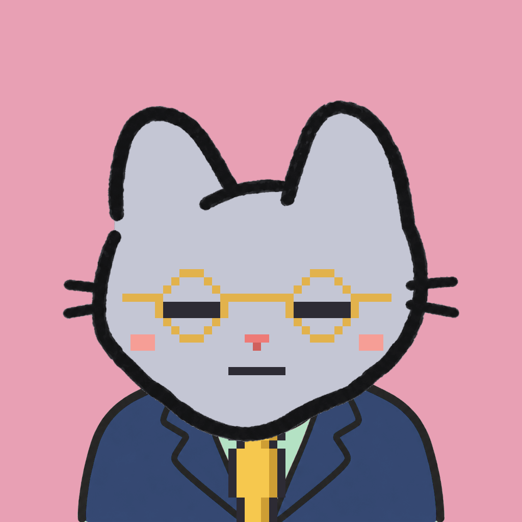 Employee #3052 — a gray cat, in a navy suit, with a gold tie, wearing round-gold glasses, on rose