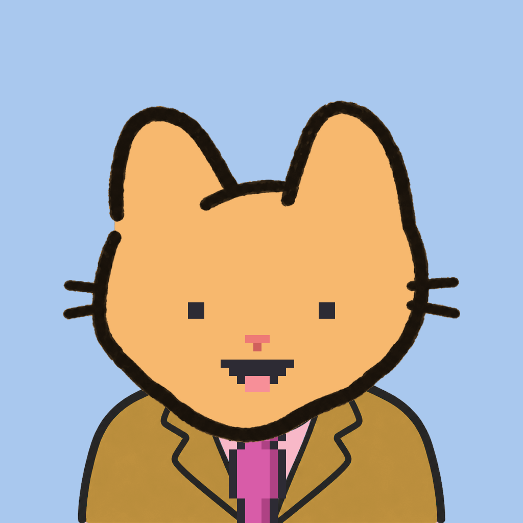 Employee #3053 — a tabby cat, in a mustard suit, with a magenta tie, on sky