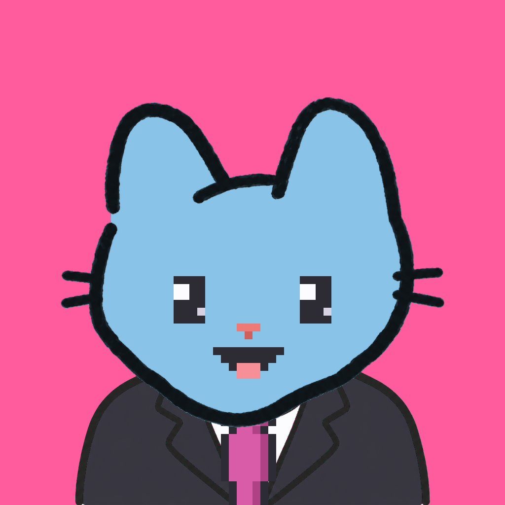 Employee #3054 — a sky cat, in a black suit, with a magenta tie, on hot pink