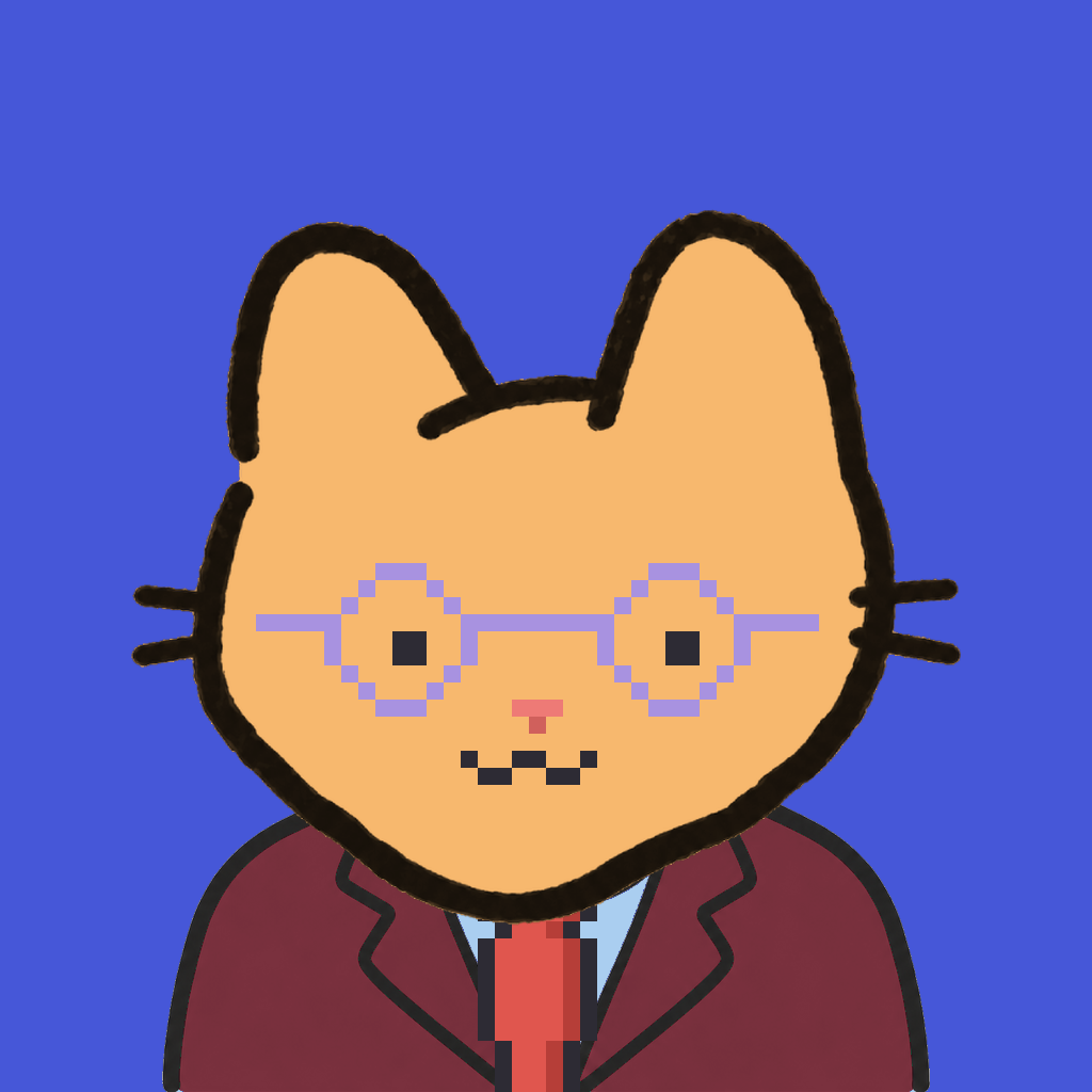 Employee #3055 — a tabby cat, in a burgundy suit, with a red tie, wearing round-lavender glasses, on royal
