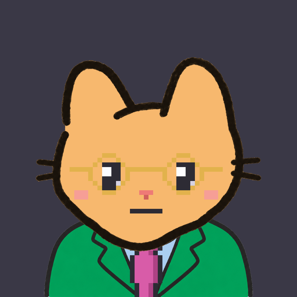 Employee #3056 — a tabby cat, in a green suit, with a magenta tie, wearing round-gold glasses, on charcoal