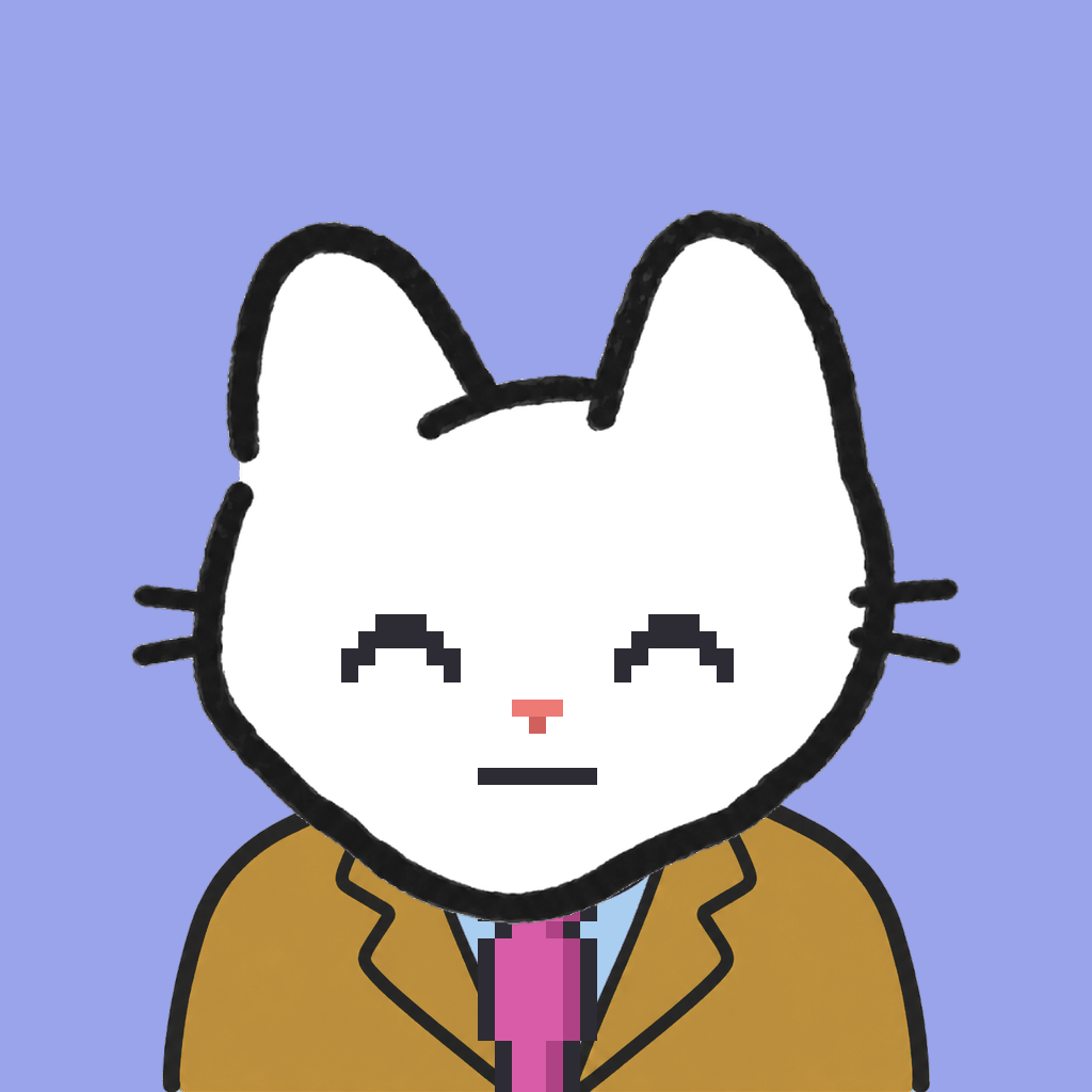 Employee #3058 — a white cat, in a mustard suit, with a magenta tie, on periwinkle