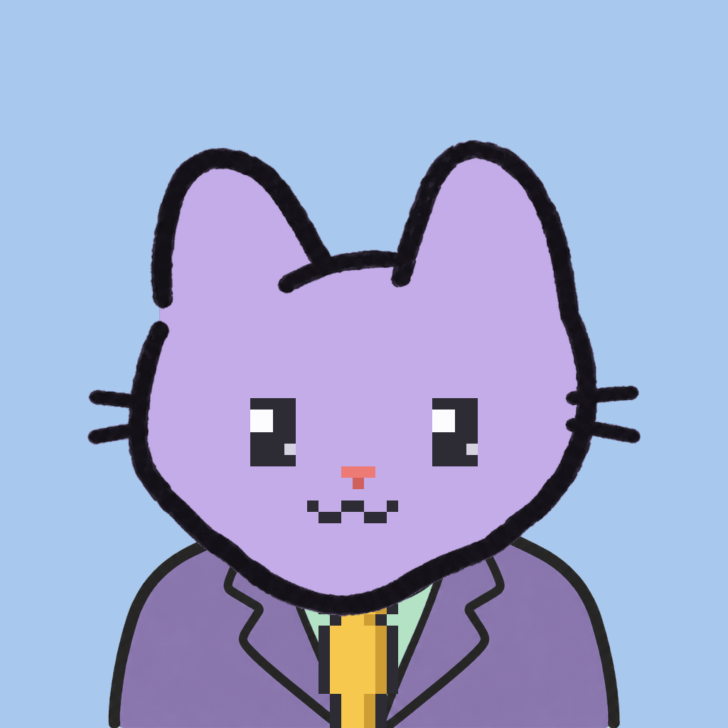 Employee #3059 — a lavender cat, in a lavender suit, with a gold tie, on sky