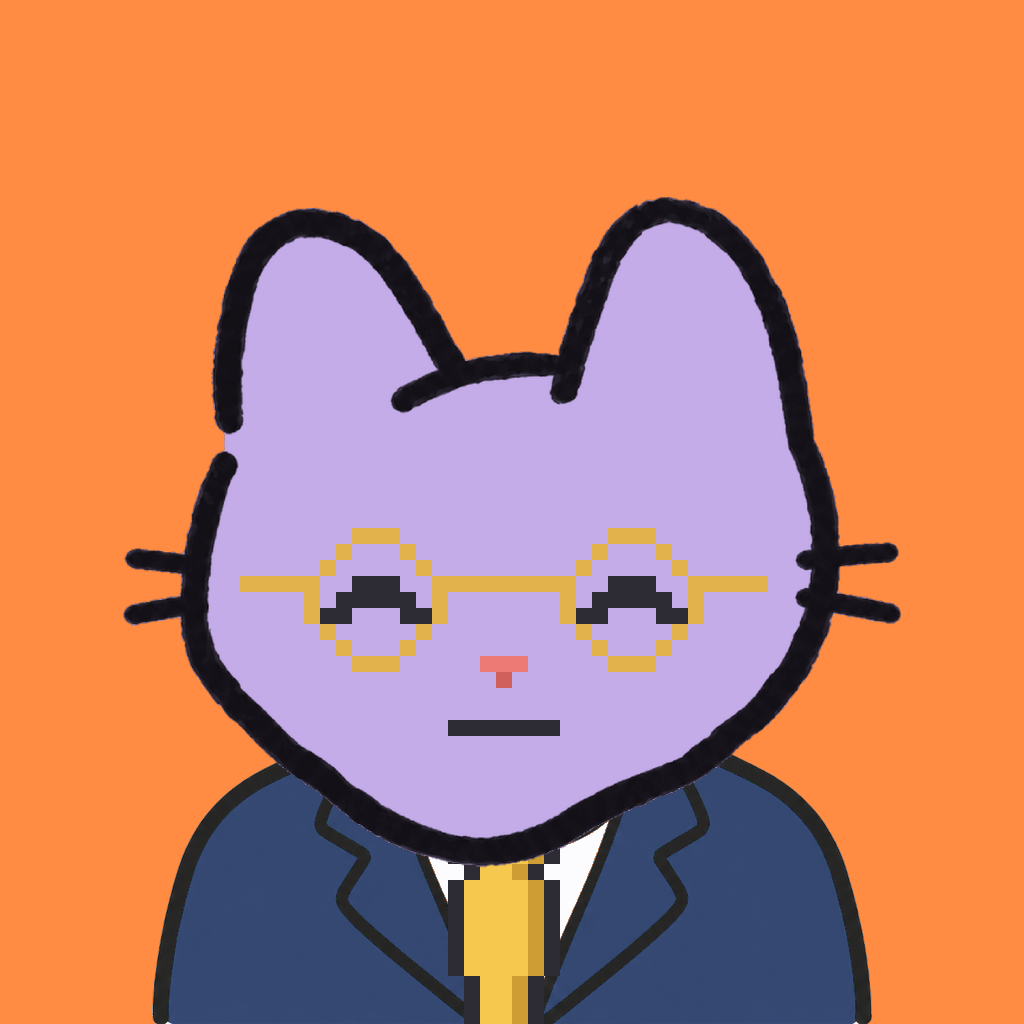Employee #0306 — a lavender cat, in a navy suit, with a gold tie, wearing round-gold glasses, on tangerine