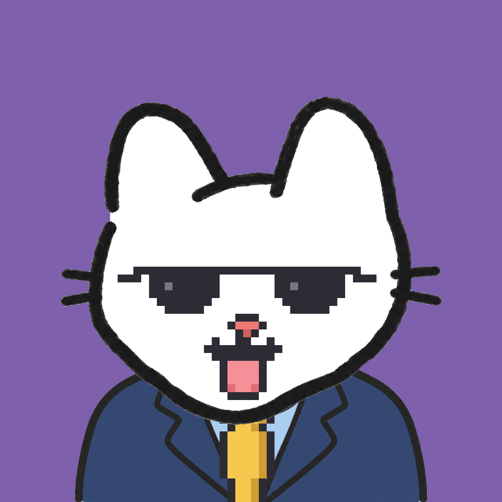Employee #3060 — a white cat, in a navy suit, with a gold tie, wearing shades glasses, on plasma violet