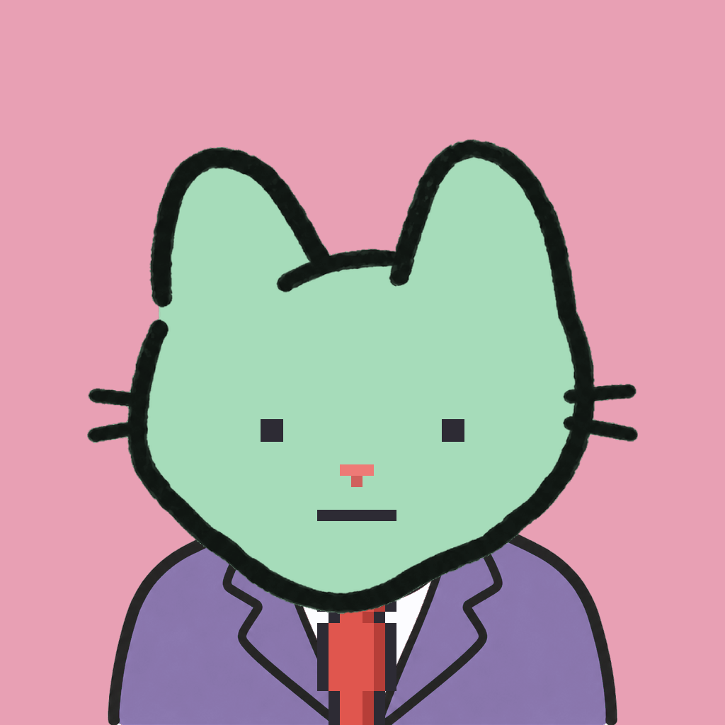 Employee #3061 — a mint cat, in a lavender suit, with a red tie, on rose