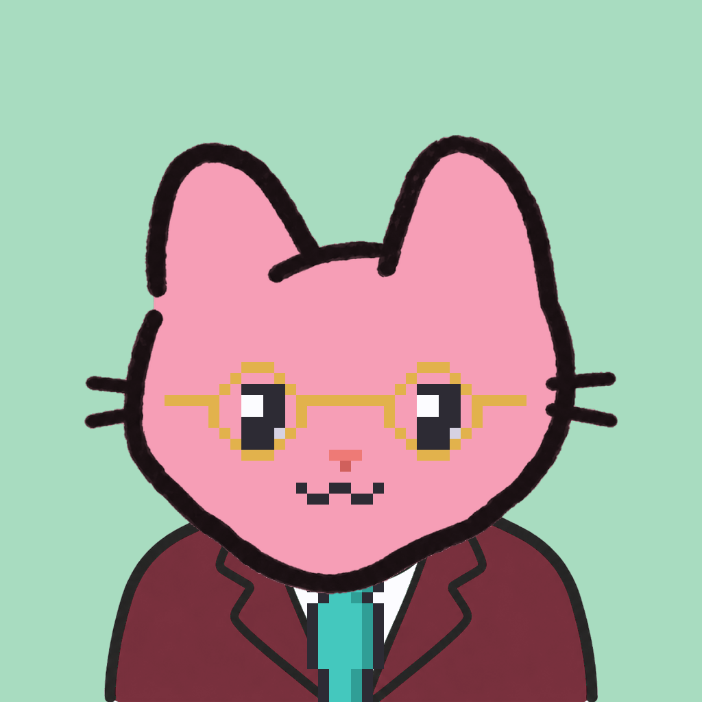 Employee #3062 — a pink cat, in a burgundy suit, with a teal tie, wearing round-gold glasses, on mint