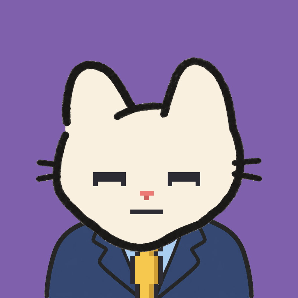 Employee #3063 — a cream cat, in a navy suit, with a gold tie, on plasma violet