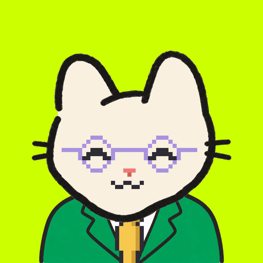 Employee #3064 — a cream cat, in a green suit, with a gold tie, wearing round-lavender glasses, on volt