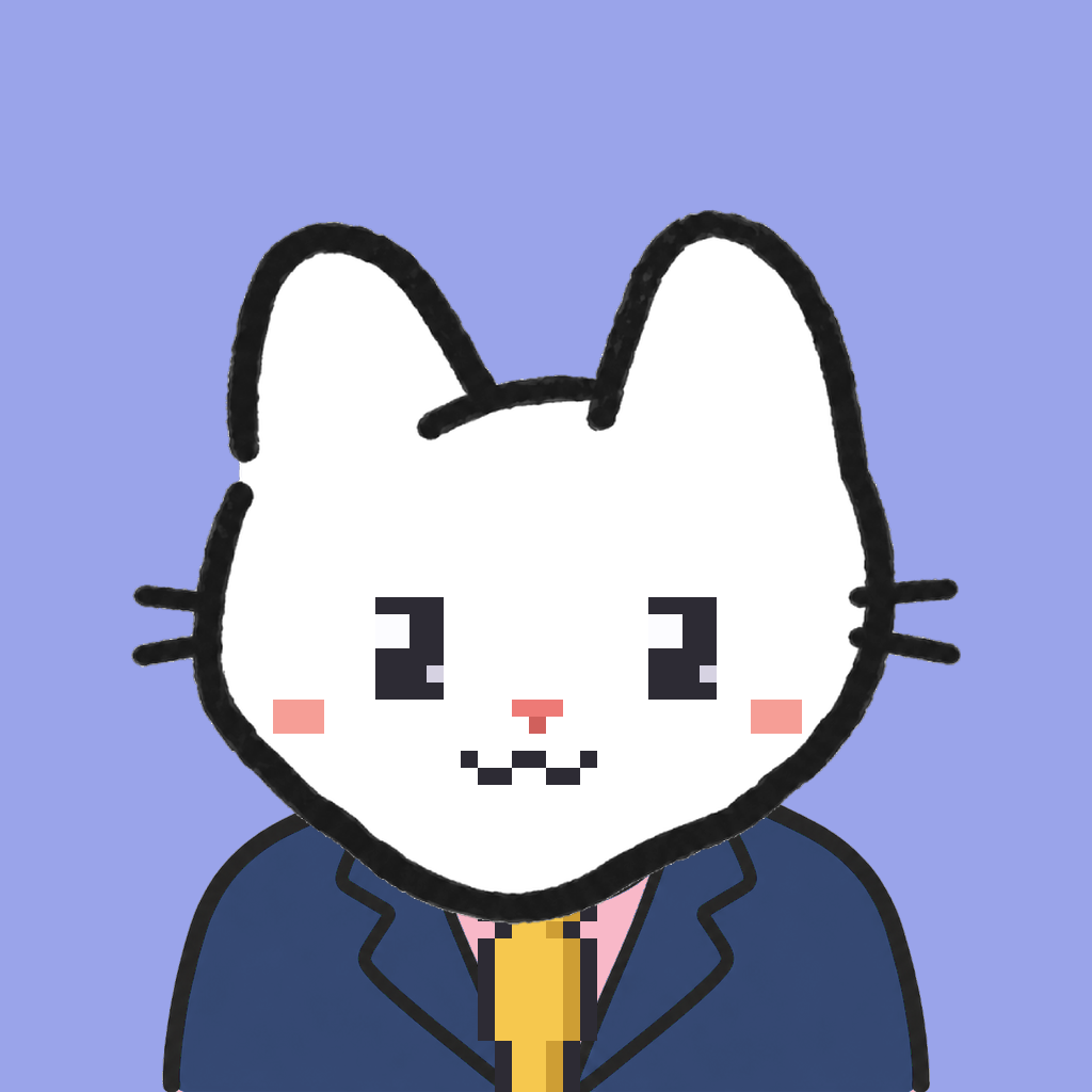 Employee #3065 — a white cat, in a navy suit, with a gold tie, on periwinkle