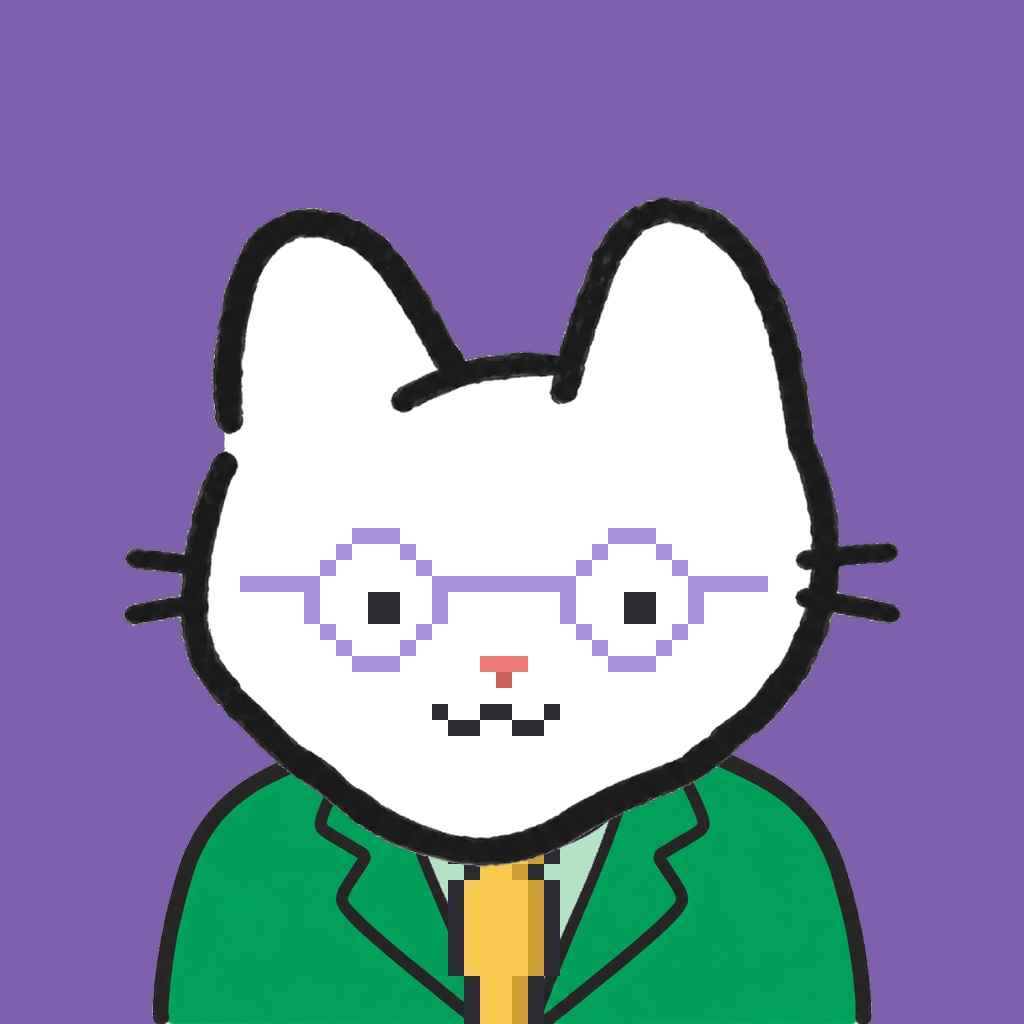 Employee #3066 — a white cat, in a green suit, with a gold tie, wearing round-lavender glasses, on plasma violet
