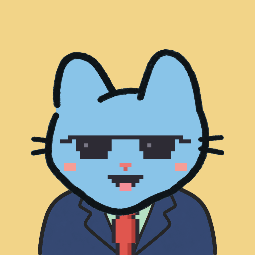 Employee #3067 — a sky cat, in a navy suit, with a red tie, wearing shades glasses, on butter