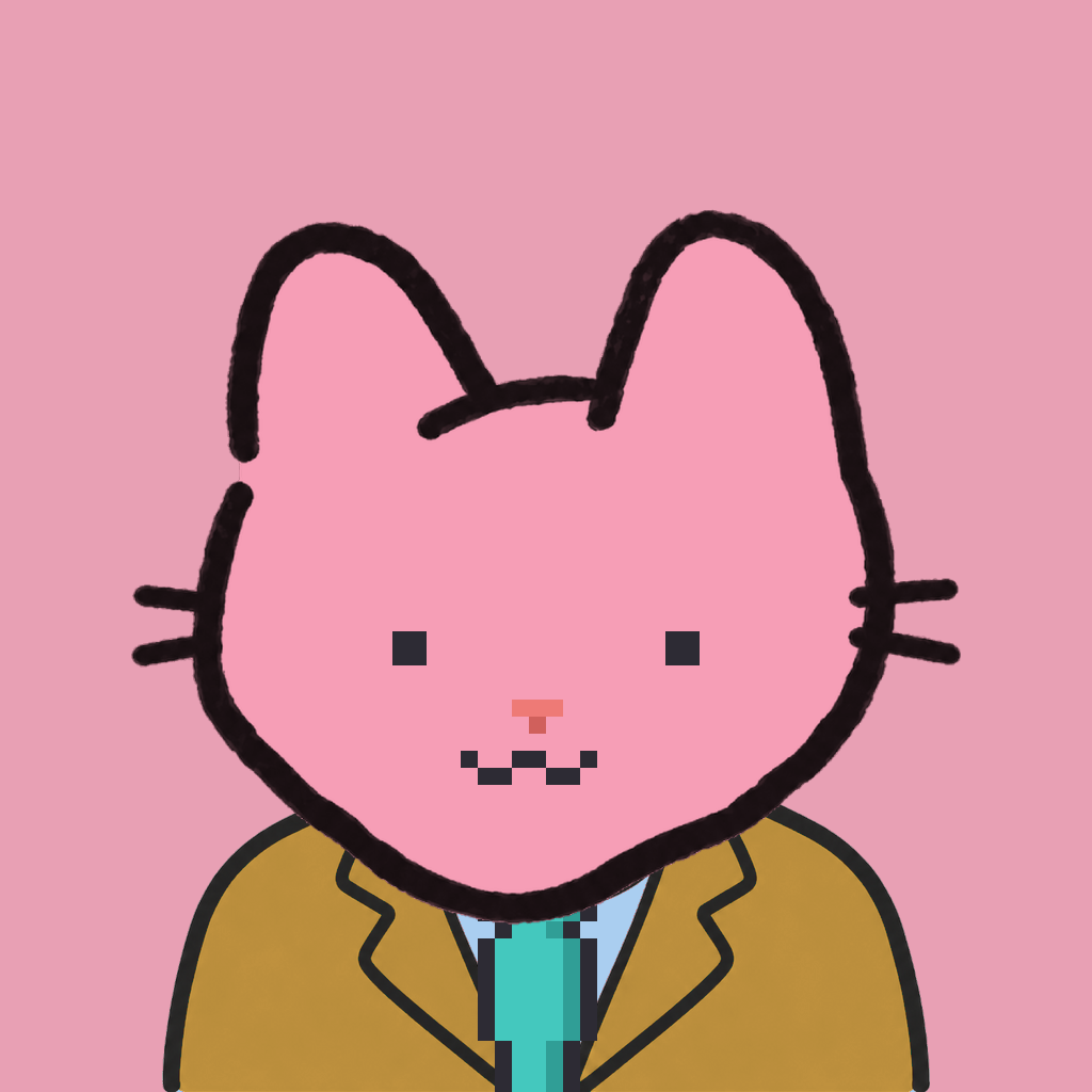 Employee #3068 — a pink cat, in a mustard suit, with a teal tie, on rose