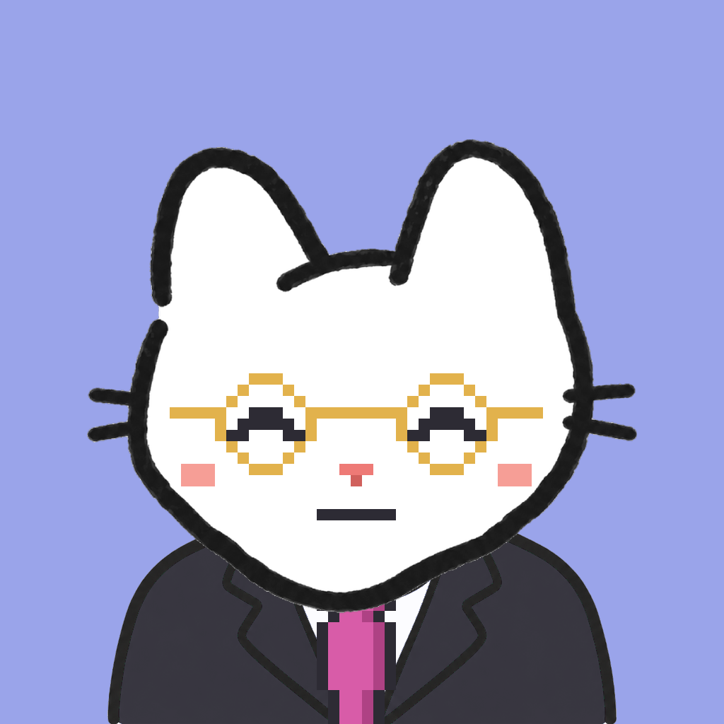 Employee #3069 — a white cat, in a black suit, with a magenta tie, wearing round-gold glasses, on periwinkle