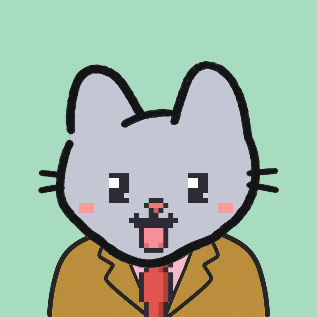 Employee #0307 — a gray cat, in a mustard suit, with a red tie, on mint