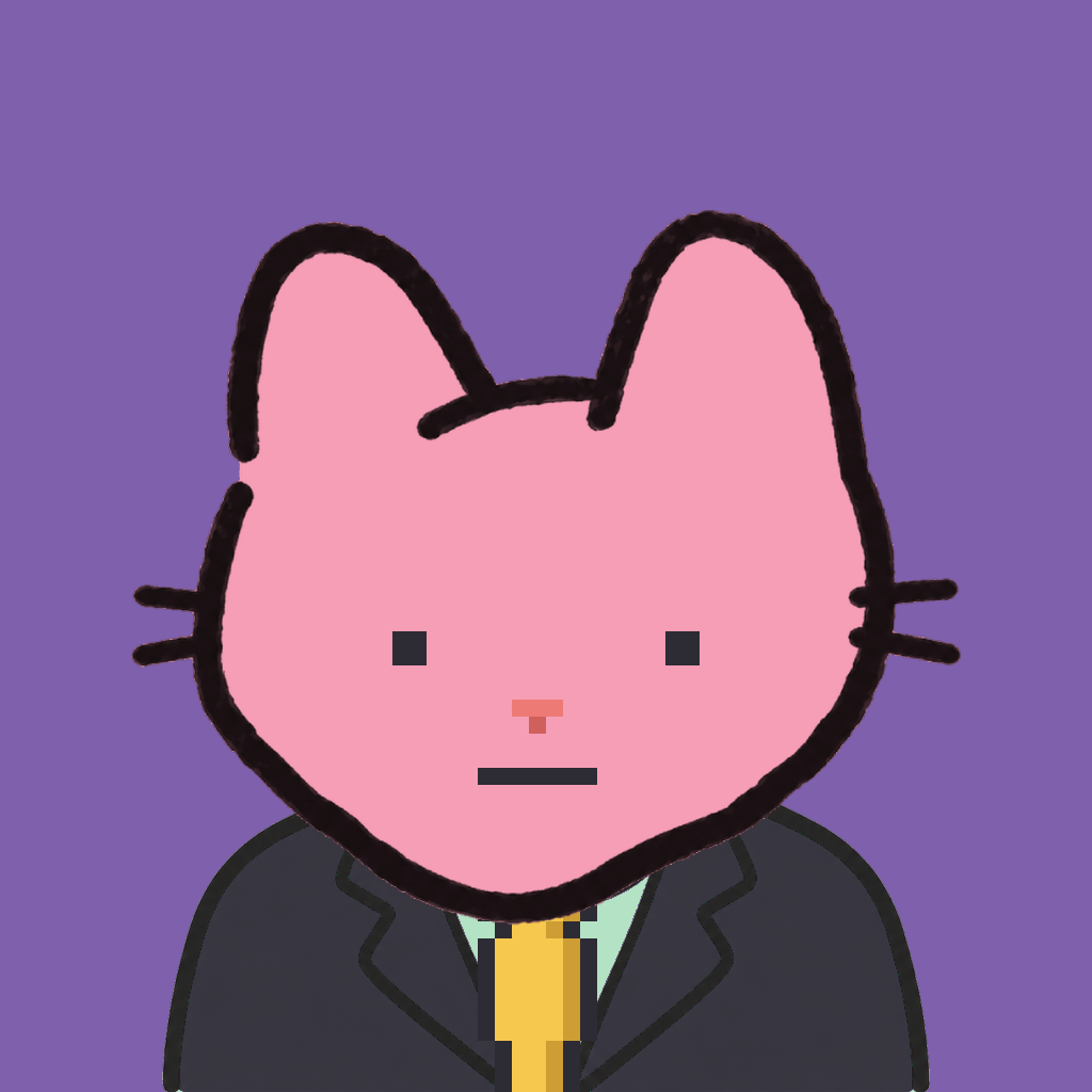 Employee #3070 — a pink cat, in a black suit, with a gold tie, on plasma violet