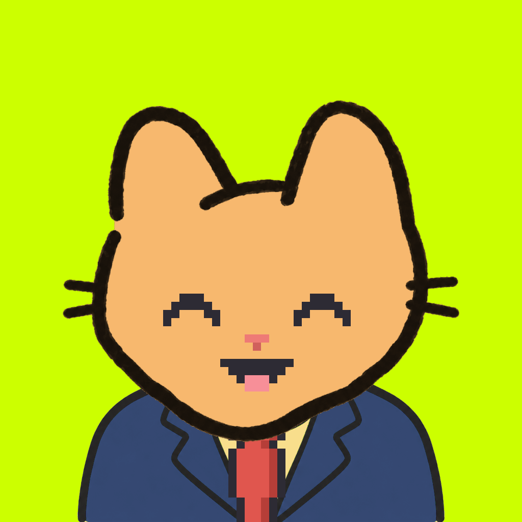 Employee #3071 — a tabby cat, in a navy suit, with a red tie, on volt