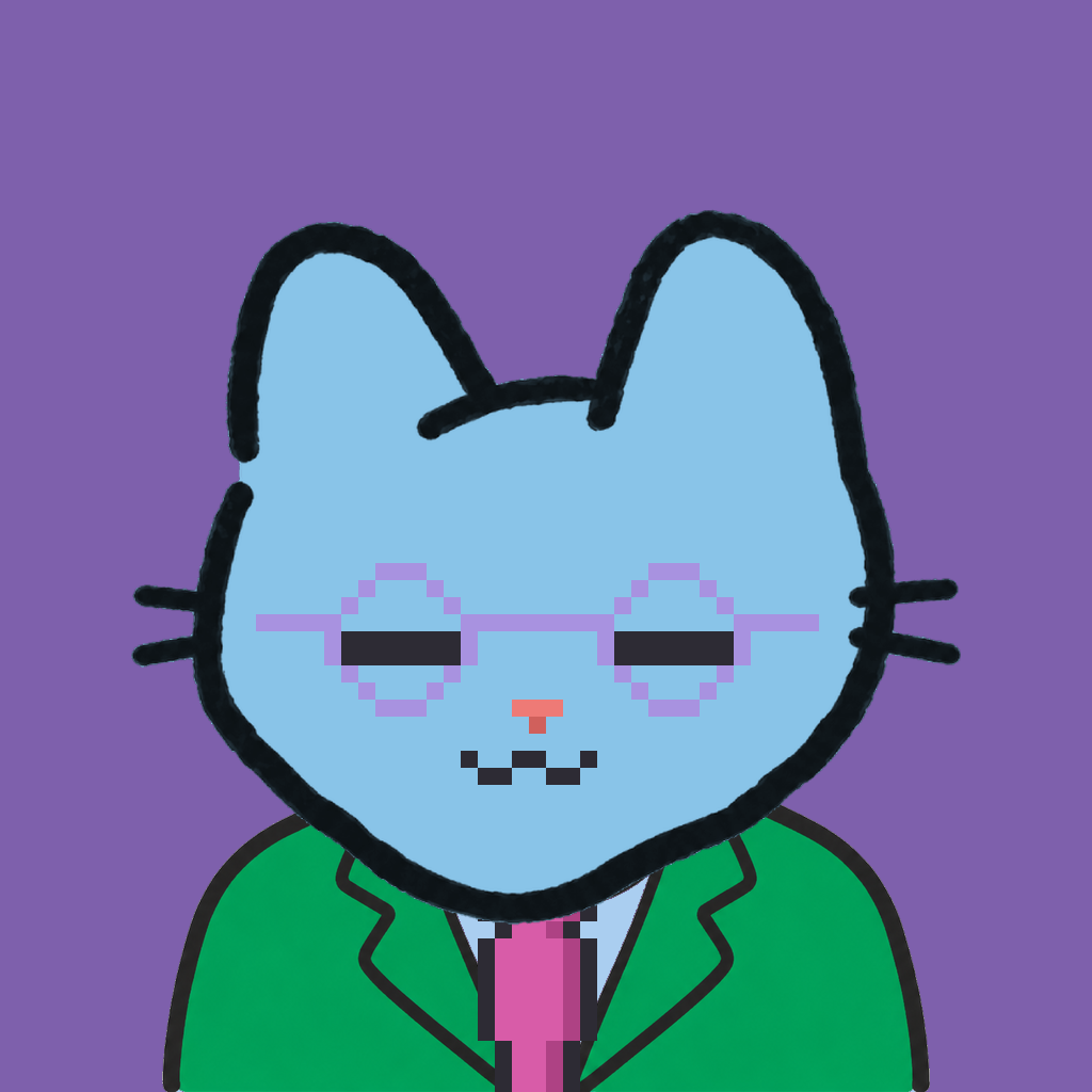 Employee #3072 — a sky cat, in a green suit, with a magenta tie, wearing round-lavender glasses, on plasma violet